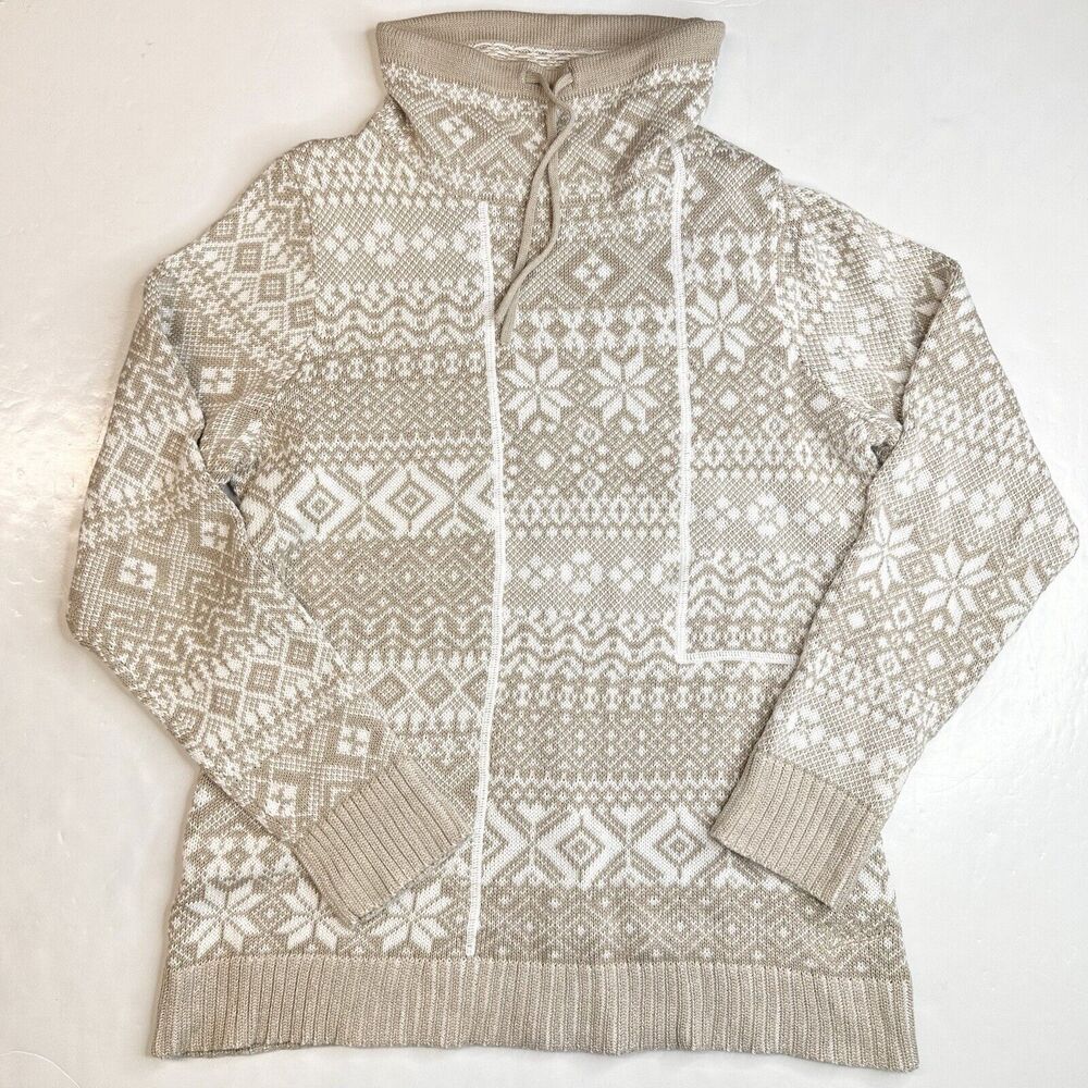 Nordic Fair Isle Sweater Woolrich Sz Medium Beige/White Cowl Cinch Neck Top EUC